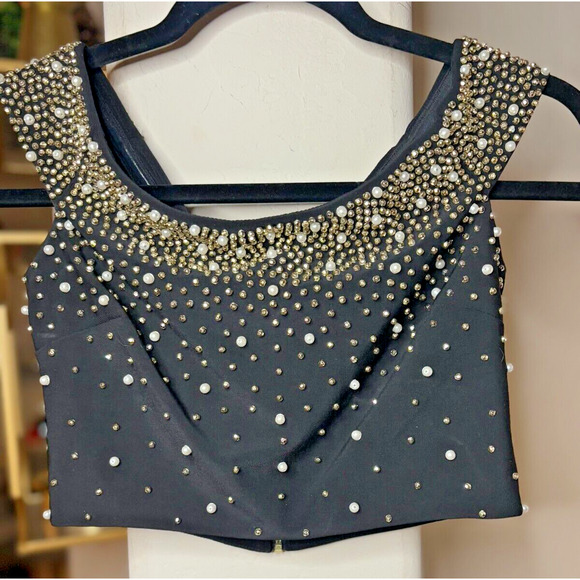 XSCAPE Black Beaded Pearl Crop Cap Sleeve Blouse Size 0 - Picture 1 of 5